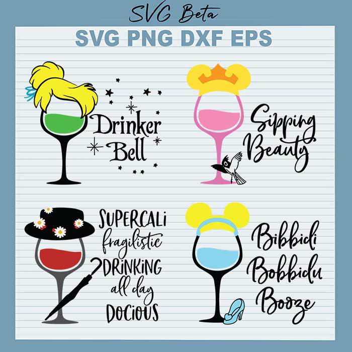 Disney Drinking Wine Bundle SVG, Drinker Bell SVG, Aurona Sipping