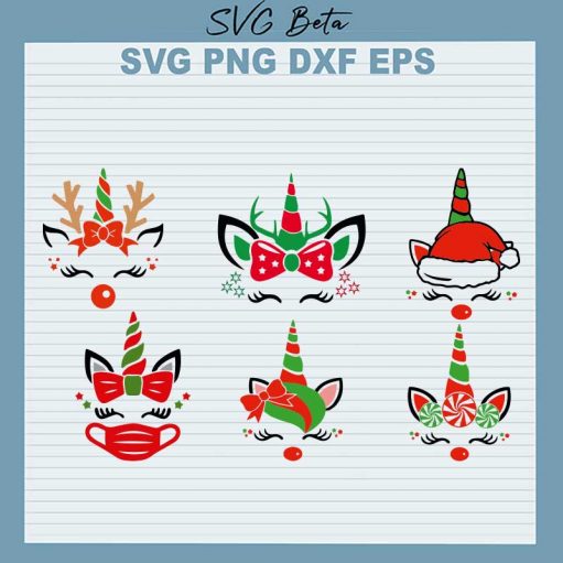Christmas Unicorn Face Bundle SVG, Merry Christmas Unicorn SVG, Santa Unicorn Bundle SVG PNG DXF Cut File