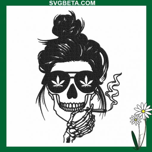 Skull Mom Smoking Weed Embroidery Design, Skull Weed Embroidery Design File