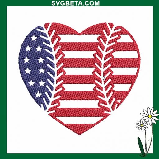 Baseball American Flag Heart Embroidery Design