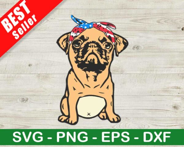 Pug With American Flag Bandana SVG
