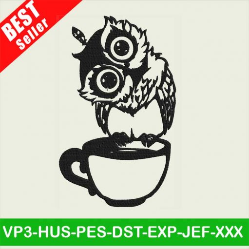 Owl embroidery designs, Owl Coffee Embroidery Files, Cute Owl Embroidery machine
