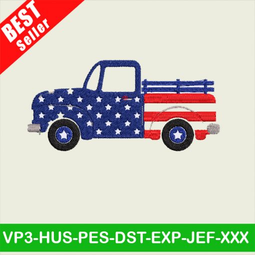 July Truck Embroidery designs, Merica Embroidery Files, 4th Of July Embroidery machine
