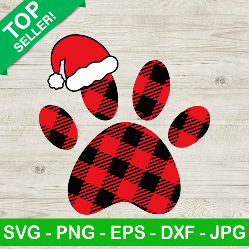 Dogs paw buffalo plaid SVG, Christmas Dog SVG, Christmas dog santa hat SVG