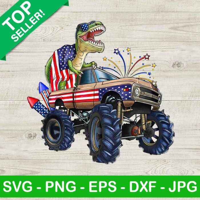 Monster Truck And Dinosaur American Flag PNG, T Rex 4th Of July Sublimation transfer PNG, Monster Truck Heat Transfer PNG