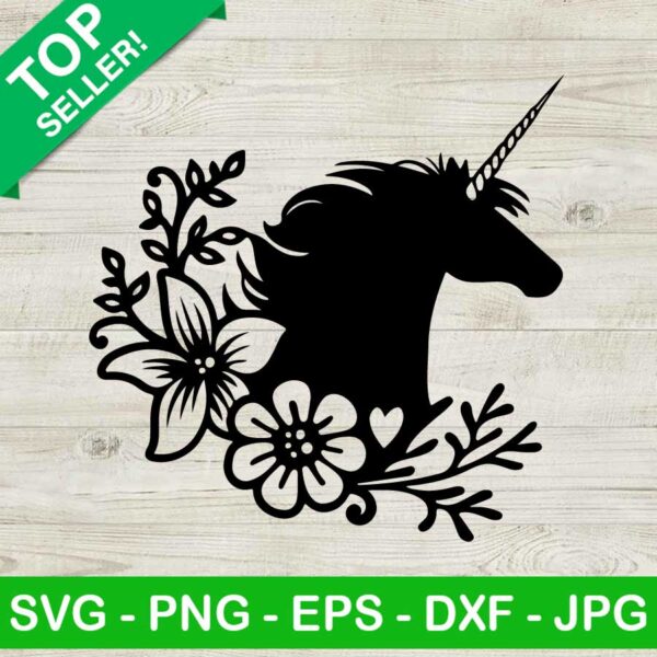 Black unicorn head floral SVG, Floral unicorn SVG, Unicorn with flower SVG