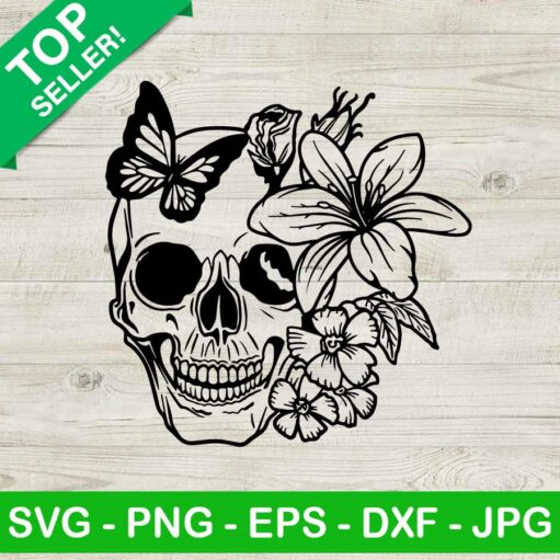 Skull And Lily Flower Butterfly Svg