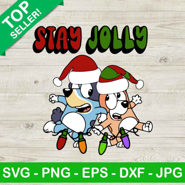 Bluey Bingo Stay Jolly SVG, Bluey Merry Christmas SVG, Santa Bluey Dog SVG, Santa Bingo SVG PNG