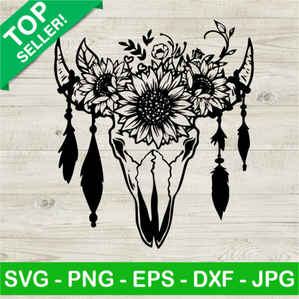 Sunflower Skull SVG, Cow Skull With Sunflower SVG, Floral Cow Skull SVG