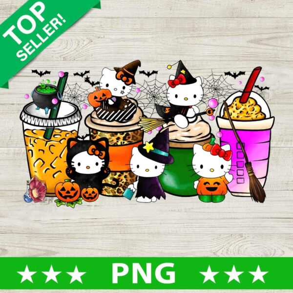 Halloween Hello Kitty Coffee PNG, Hello Kitty Witch Halloween Sublimation transfer PNG, Kitty Pumpkin PNG