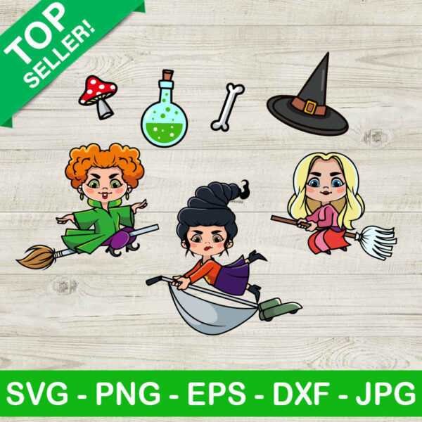 Chibi Hocus Pocus Character SVG Bundle, Halloween SVG, Hocus Pocus Sanderson Sisters SVG, Witches Chibi Girls Characters SVG