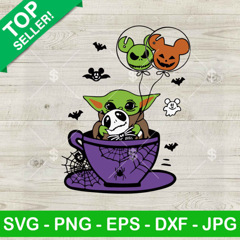 Halloween Baby Yoda In Cup Jack Balloon SVG, Halloween Baby Yoda Hug Jack Skellington SVG, Star Wars Halloween SVG
