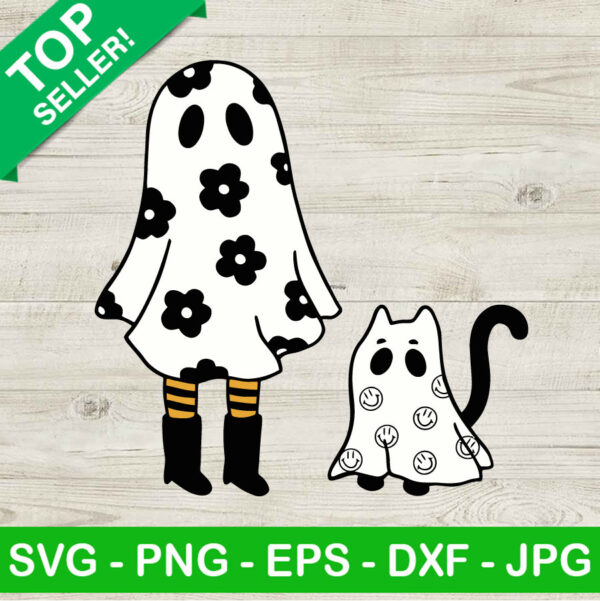 Floral Ghost Girl And Ghost Cat SVG, Cute Halloween Ghost SVG, Ghost Girl SVG, Ghost Cat SVG
