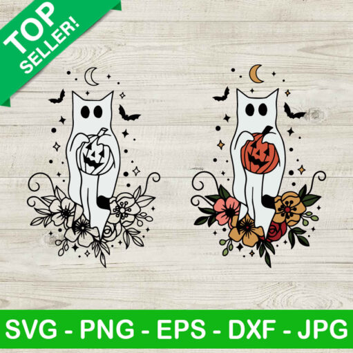 Floral Ghost Cat Halloween Svg