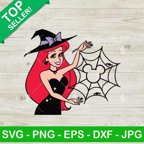 Ariel Princess Halloween Witch SVG, Ariel Witch And Mickey Spider Web SVG, Disney Halloween SVG