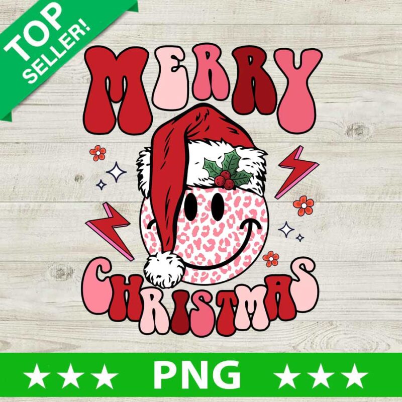 Smiley Face Merry Christmas PNG, Retro Christmas Sublimation transfer PNG, Pink Leopard Christmas PNG