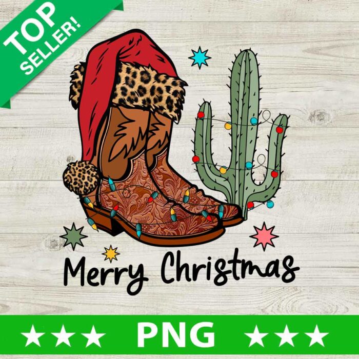 Cowboy Boots Merry Christmas PNG, Leopard Santa Hat Sublimation transfer PNG, Western Christmas PNG