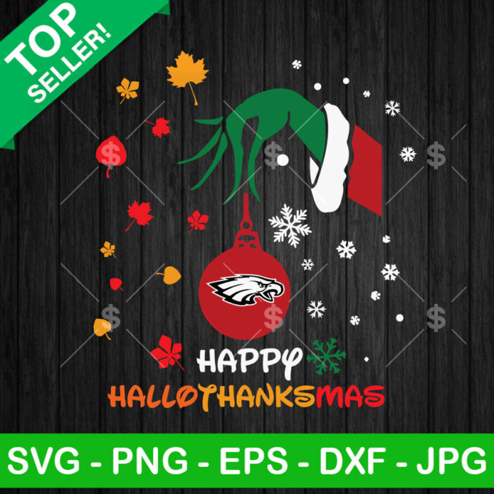 Grinch Hand Philadelphia Eagles Happy Hallothanksmas SVG, Grinch Holding NFL Ornament SVG, Grinch Christmas Ornament SVG Cut Files