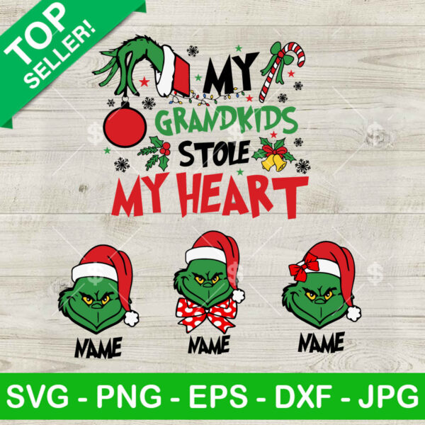 My Grandkids Stole My Heart Grinch Custom Name SVG, Grinch Christmas Mama Heart Kid Name SVG, Santa Grinch SVG PNG DXF EPS File