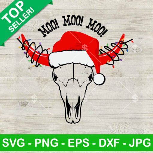 Skull Cow Christmas Lights And Santa Hat Svg