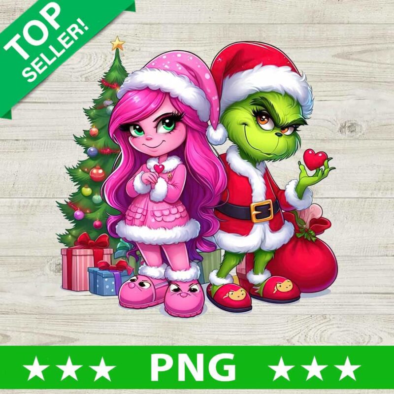 Baby Couple Grinch Pink Preppy Christmas PNG