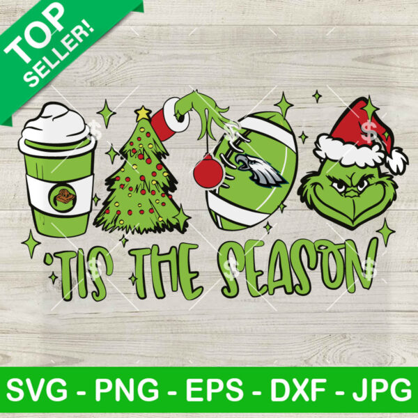 Grinch Tis The Season Philadelphia Eagles SVG, Grinch Football Christmas Tree And Coffee SVG, Christmas NFL Football SVG PNG