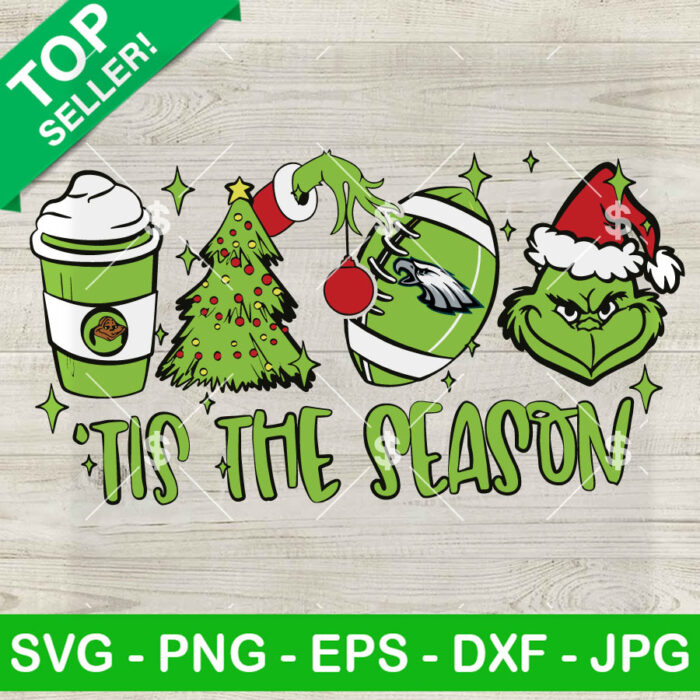 Grinch Tis The Season Philadelphia Eagles SVG, Grinch Football Christmas Tree And Coffee SVG, Christmas NFL Football SVG PNG