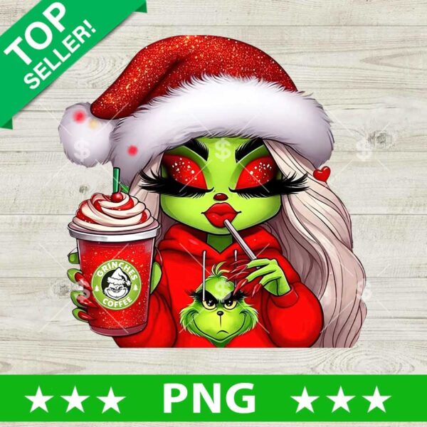 Grinch Girl Coffee Santa Hat PNG