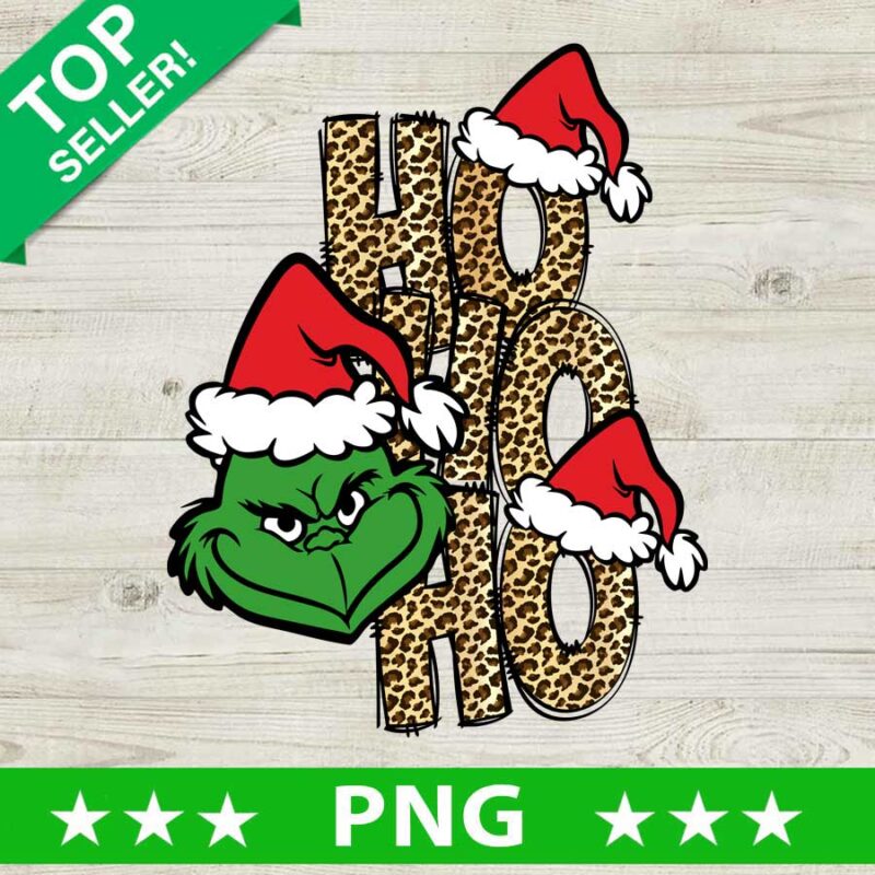 Leopard Ho Ho Ho Grinch Santa Hat PNG, Grinch Face With Santa Hat Sublimation transfer PNG, Grinch Ho Ho Ho Leopard PNG