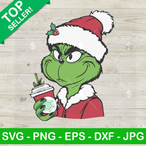 Santa Grinch With Christmas Hat And Coffee SVG