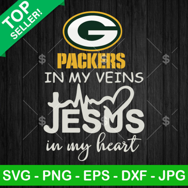 Packers in my Veins Jesus in my heart SVG, Green Bay Packers Jesus SVG, Packers Football NFL SVG PNG