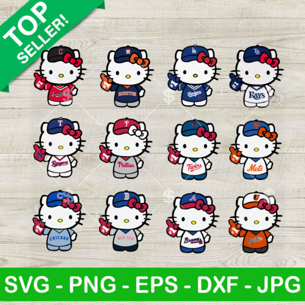 Hello Kitty Baseball MLB Bundle 12 designs SVG, Hello Kitty Baseball SVG, Hello Kitty MLB bundle SVG PNG Cut file cricut