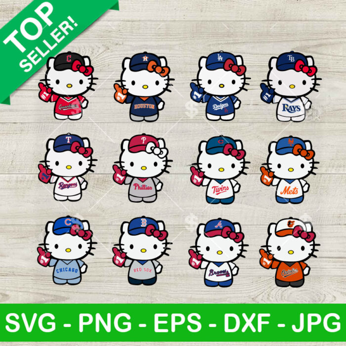 Hello Kitty Baseball MLB Bundle 12 designs SVG, Hello Kitty Baseball SVG, Hello Kitty MLB bundle SVG PNG Cut file cricut