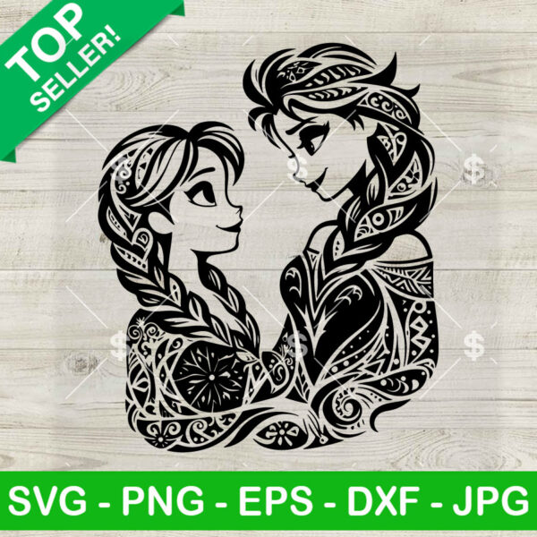 Elsa And Anna Mandal Princess SVG, Frozen Princess SVG, Disney Mandala Zentangle Princess SVG PNG DXF