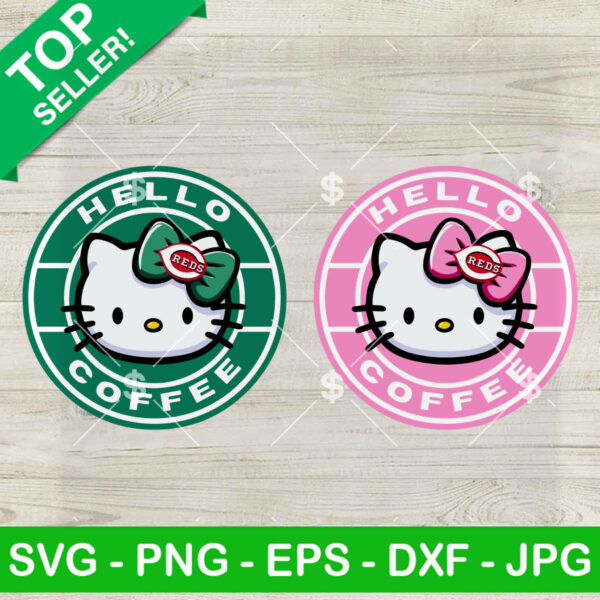 Hello Kitty Coffee Cincinnati Reds SVG, Hello Coffee SVG, Hello Kitty Cincinnati Reds MLB SVG PNG DXF EPS