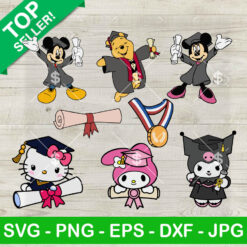 Hello Kitty Mickey The Pooh Graduation Cap SVG, Kitty And Friends Senior SVG, End Of School SVG PNG DXF EPS