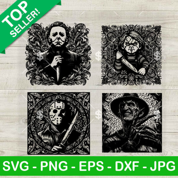 Mandala Horror Characters SVG Bundle, Halloween Killers SVG, Freddy Krueger SVG PNG DXF
