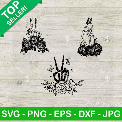 Skeleton Peace Hand Sign Floral SVG