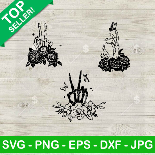 Skeleton Peace Hand Sign Floral SVG, Skeleton Hand SVG PNG DXF EPS