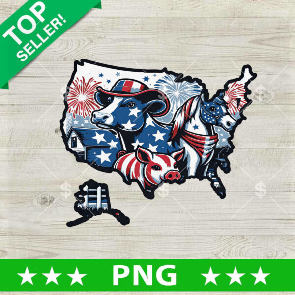 America Map 4th of July Cow PNG, 4th of July Sublimation transfer PNG