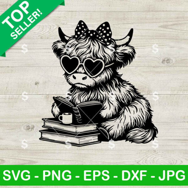 Highland Cow Book Lover SVG, Highland Cow SVG, Heifer Bookworm PNG SVG Cricut