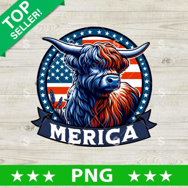 Highland Cow Merica 4th Of July PNG, 4th Of July Sublimation transfer PNG