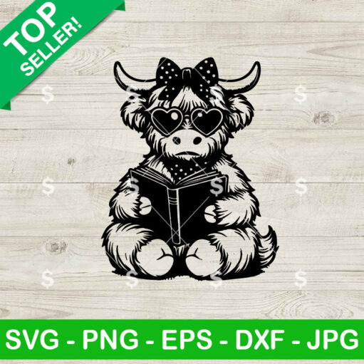 Highland Cow Reading Book Svg