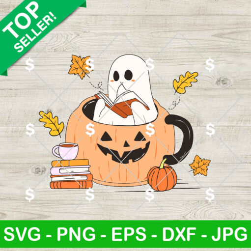 Cute Ghost Pumpkin Cup Reading Svg