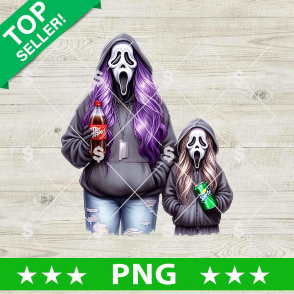 Scream Ghostface Mama And Daughter Drink Dr Pepper PNG, Ghostface Horror Sublimation PNG