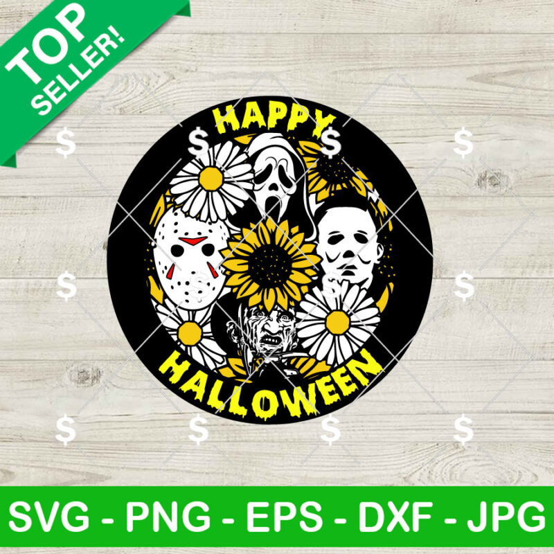 Sunflower Horror Characters Happy Halloween SVG, Horror Movies Floral SVG, Happy Halloween SVG