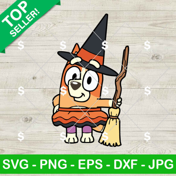 Bingo Heeler Witch Halloween SVG, Bluey Halloween SVG, Bingo Dog Witch Broom SVG
