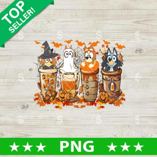Bluey Characters Coffee Latte Cup Fall Season PNG, Bluey Autumn Halloween Sublimation PNG
