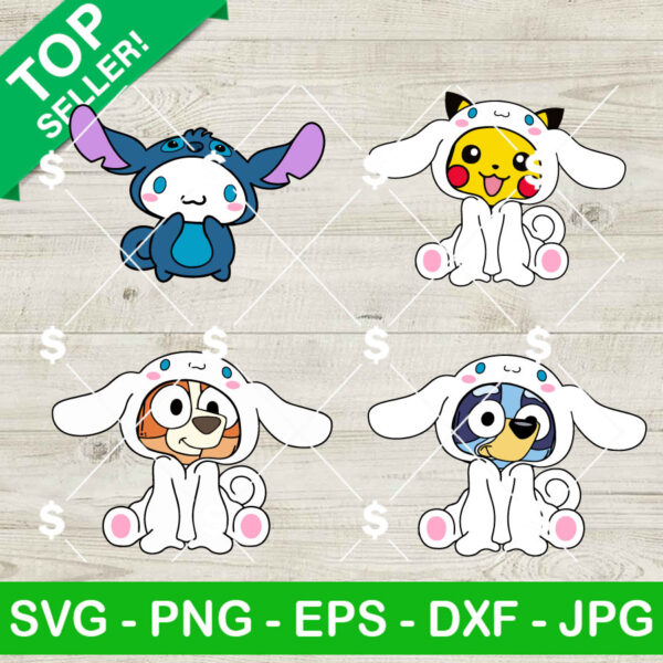 Cute Characters With Cinnamoroll Costume SVG Bundle, Bluey Bingo Heeler SVG, Pikachu Cinnamoroll Suit SVG