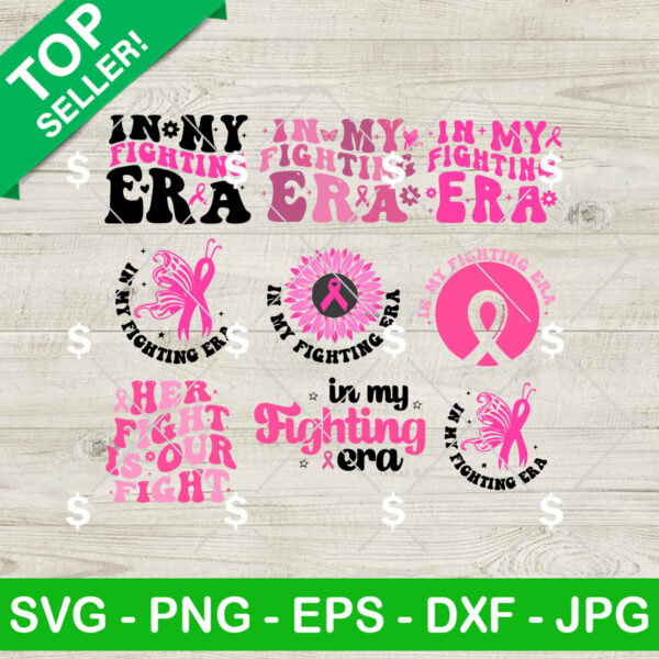 In My Fighting Era Breast Cancer SVG Bundle, Breast Cancer Butterfly Ribbon SVG, Pink Cancer Warrior SVG